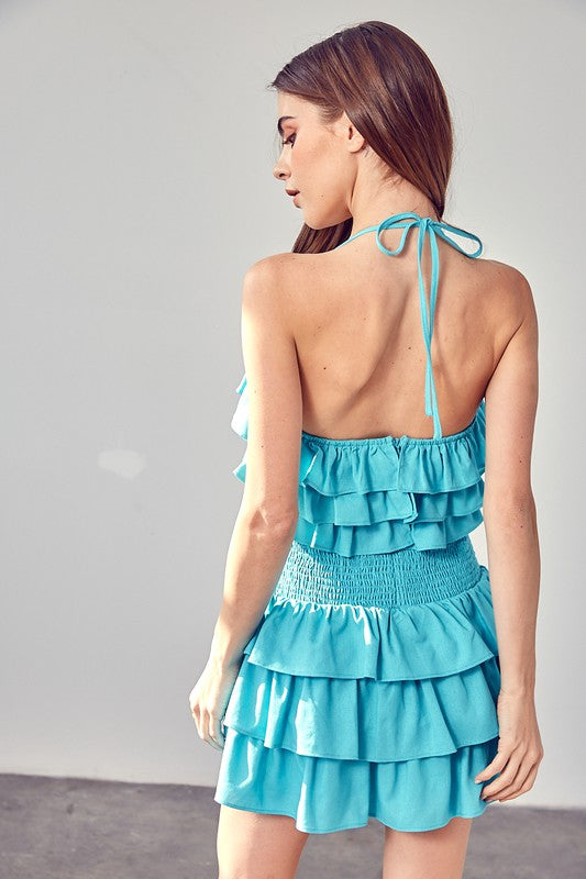 Layered Ruffle Mini Dress Romper In Blue Aqua