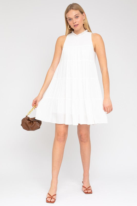 Tiered White Swing Dress With Ruffle Neck