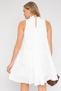 Tiered White Swing Dress With Ruffle Neck