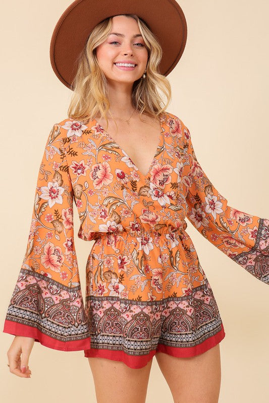 Mixed Floral Boho Romper With Flare Sleeves