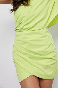 Draped One Shoulder Wrap Dress In Lime