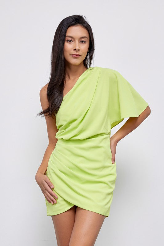 Draped One Shoulder Wrap Dress In Lime