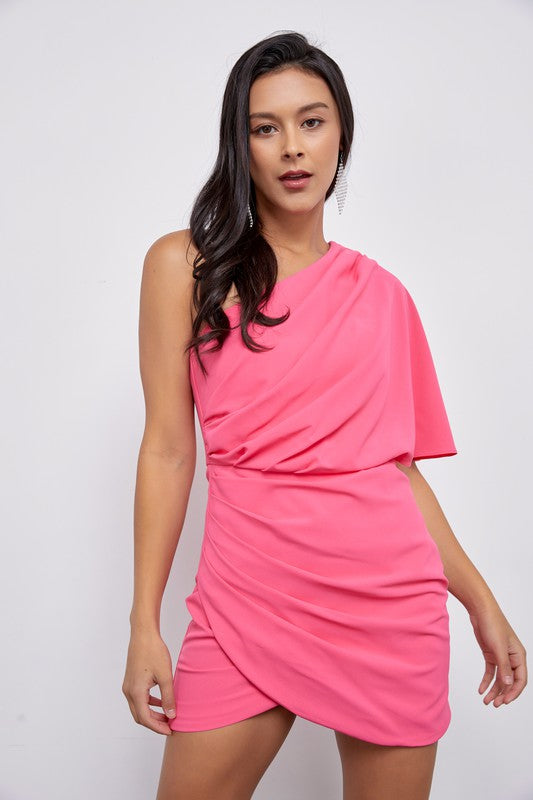 Draped One Shoulder Wrap Dress in Pink