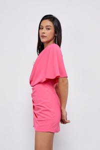 Draped One Shoulder Wrap Dress in Pink