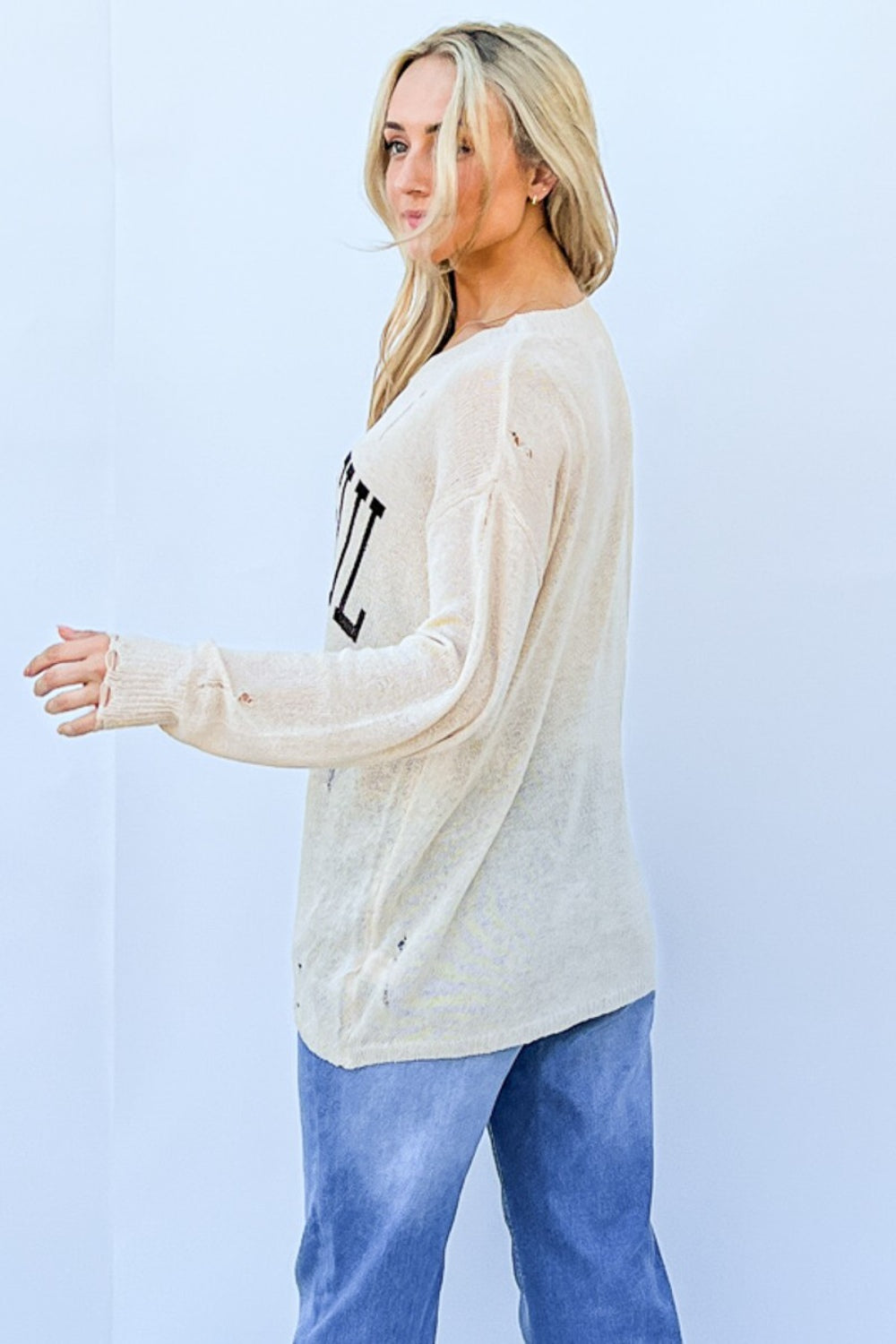 Grateful Long Sleeve Knit Top With Distressing