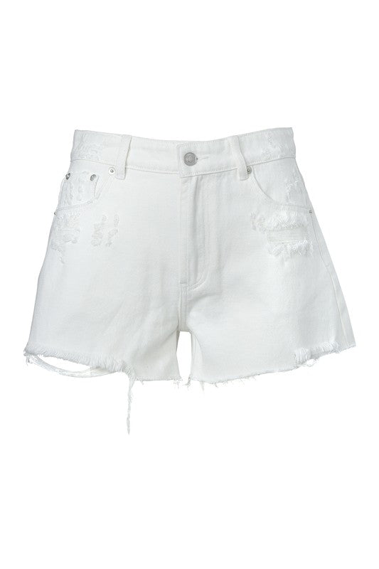 White Jean Shorts With Distressing