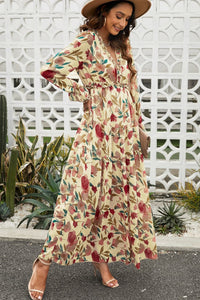 Floral Tiered Flounce Sleeve Maxi Dress, Sand / L Floral Tiered Flounce Sleeve Maxi Dress, Sand / L