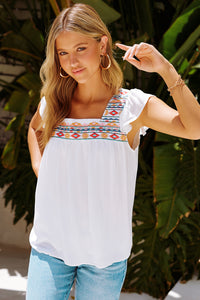 Embroidered Bohemian Top With Flutter Cap Sleeves