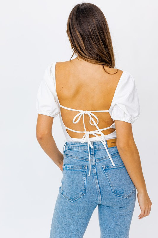 Open Back Bodysuit With Puff Sleeves