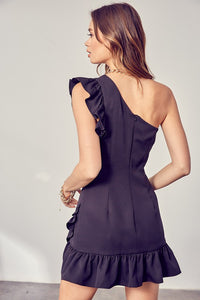 Ruffled One Shoulder Mini Dress In Black