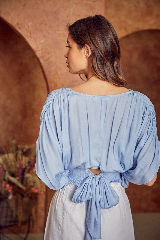 Blue Smocked Top With Back Bow