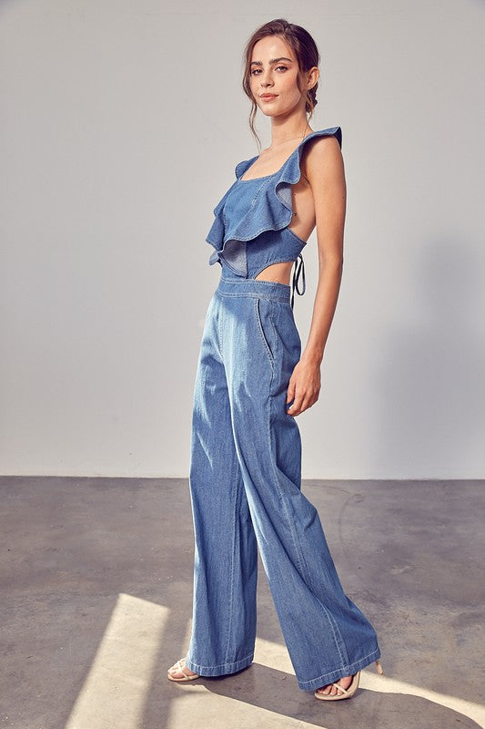 Open Back Jumpsuit With Ruffle Sleeves