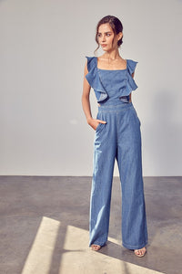 Open Back Jumpsuit With Ruffle Sleeves
