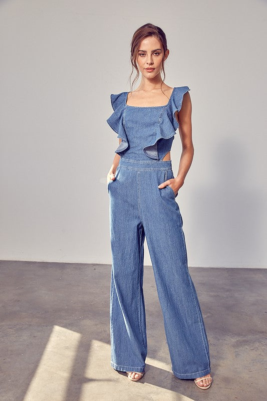 Open Back Jumpsuit With Ruffle Sleeves