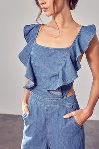 Open Back Jumpsuit With Ruffle Sleeves