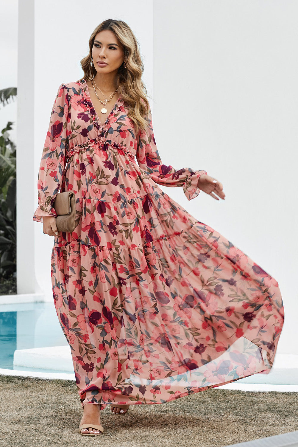 layered ruffle maxi dress Elizabeth Tiered Shop American Threads Women's Trendy Online Boutique Dusty Rose / M Dont forget to add some gold jewelry and heels to complete your wedding guest look Tiered Ruffle Maxi Dress -