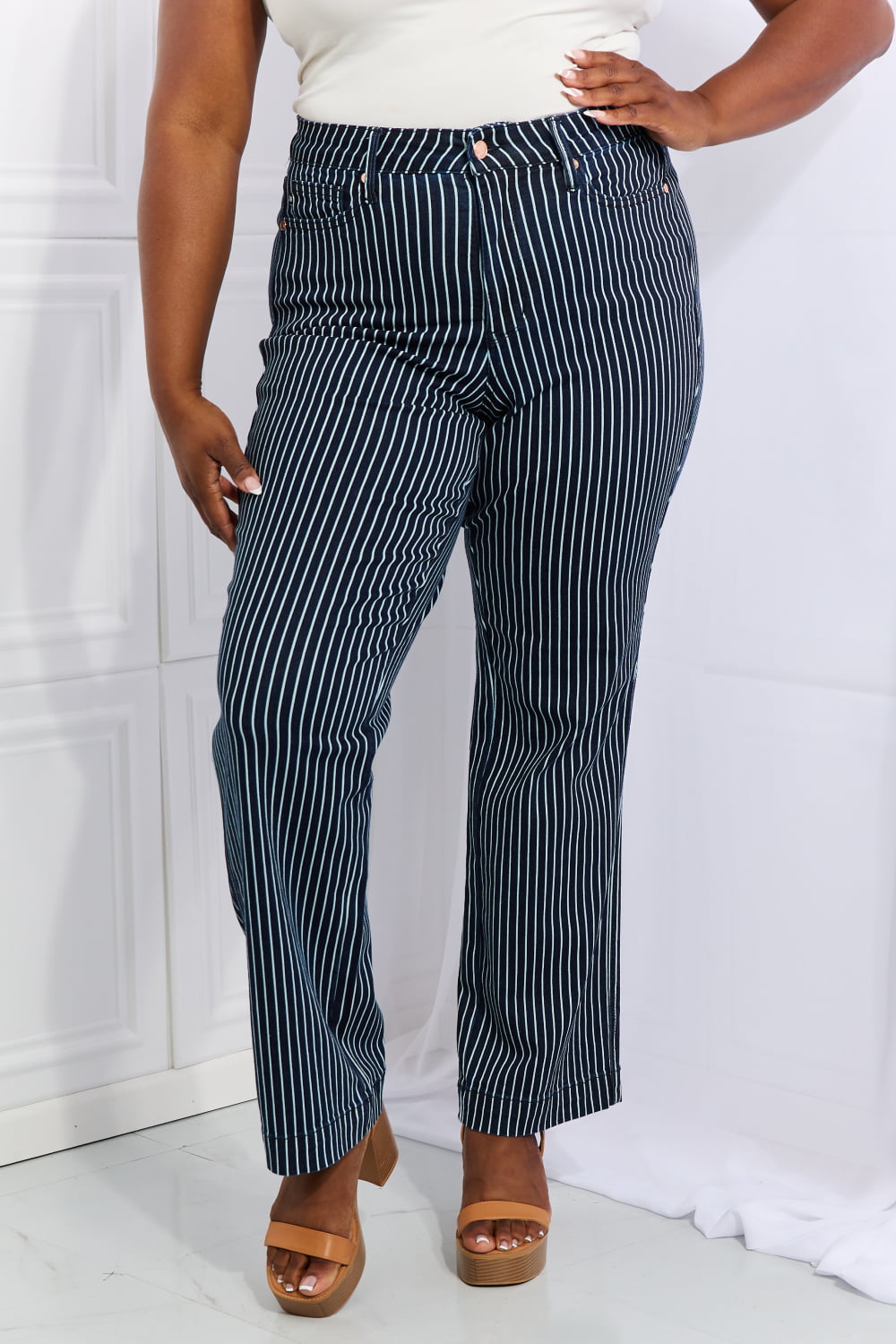 High Waisted Striped Jeans With Tummy Control