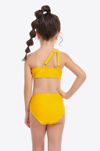 One Shoulder Ruffled Top And High Waist Bottom With Buckle (Two Piece Bikini Set For Girls)
