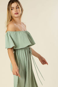 Sage Green Swiss Dot Off Shoulder Dress