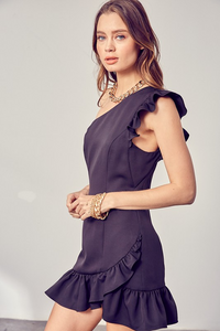 Ruffled One Shoulder Mini Dress In Black
