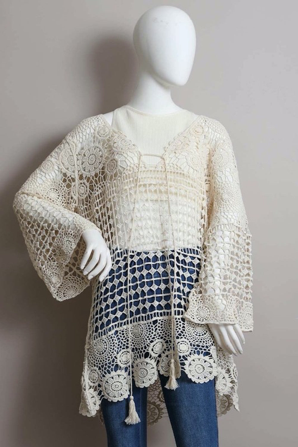 Tie Front Flare Sleeve Crochet Tunic Dress