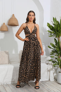 Deep V-Neck Leopard Print Maxi Dress