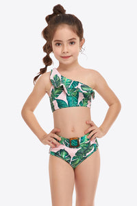 One Shoulder Ruffled Top And High Waist Bottom With Buckle (Two Piece Bikini Set For Girls)